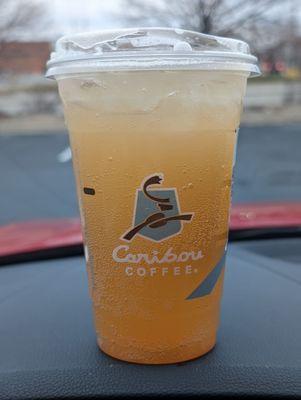 Medium sparkling peach black tea. Two medium drinks for $10 after noon.