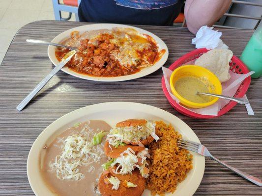 Gordita plate and huevos rancheros with chile colorado. Chile pasando on the side