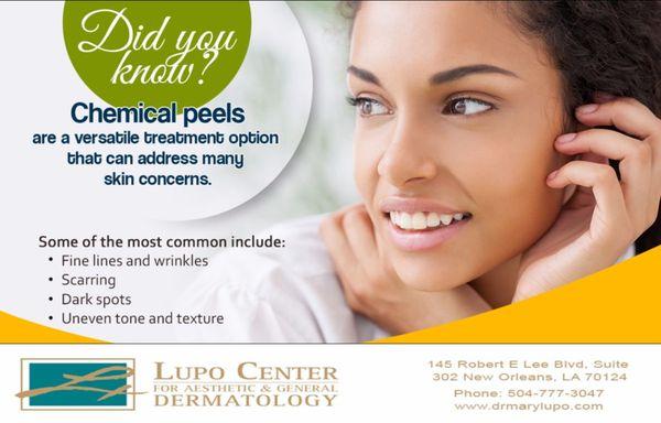 Want to learn more about how chemical peels can improve the look and feel of your skin? Contact us today at 504-777-3047. #DrLupo #Skin