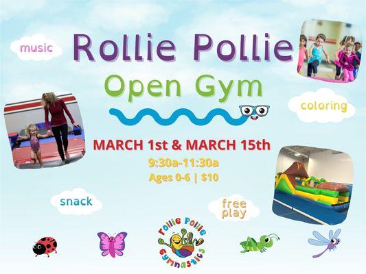 Rollie Pollie Open gym! Every 1st and 3rd Wednesday of each month. Come play in the foam pit, bounce houses, color, and more. Ages 0-6, $10.