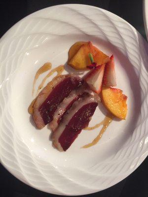 Duck prosciutto with strawberries and peaches