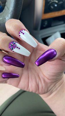 Purple metallic powder and white acrylic with some bling