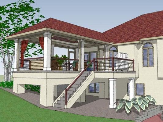 3-D rendering of a proposed porch addition shows our clients how the new porch will relate to their existing house.