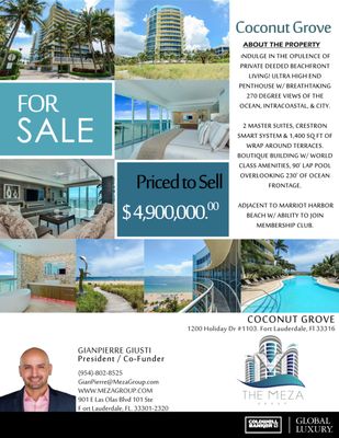 FOR SALE!!  ULTRA HIGH END PENTHOUSE W/ BREATHTAKING 270 DEGREE VIEWS OF OCEAN, INTRACOASTAL & CITY.