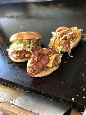 Crazy Burger Cheese, bacon, grilled onions, lettuce, tomato ketchup mayonnaise mustard.