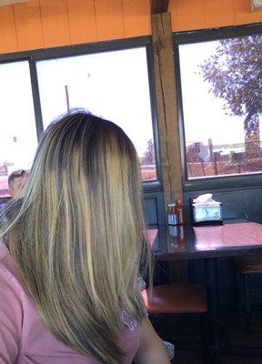 This is how my hair was at first , It looks horrible. It's and example of a "bad balayage" This was done by Brittany Shears.