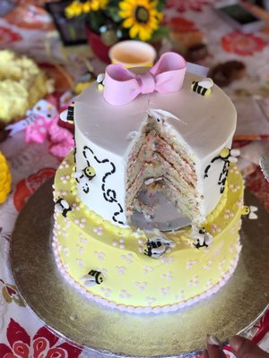 The inside of this fabulous cake... Funfetti and yellow cake with buttercream filling and frosting. Perfect combo- thanks Kate!