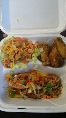 The Trio:
Grilled fish, Lemon pepper wings, Salad