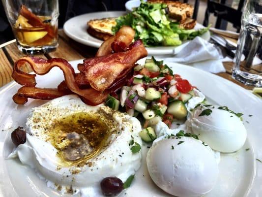 Middle Eastern Eggs with Labne cheese Israeli salad & fresh warm pita $11 added side of bacon for $4.5