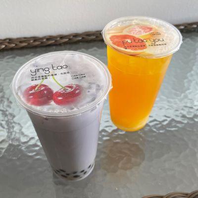 Taro milk tea with boba (l) passion fruit green tea with lychee jelly (r)