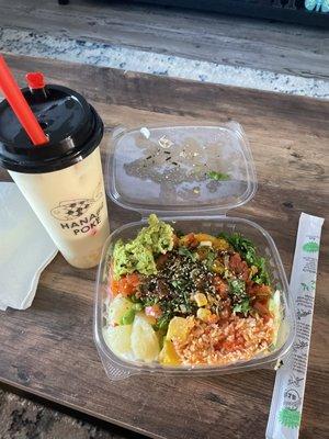 poke bowl with mango milk tea