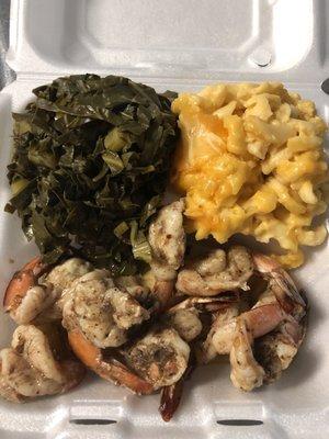 Jerk Shrimp, Mac and Greens