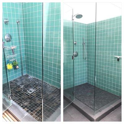 Here is a before (left) and after (right) of Jeff Murdock's work on our shower floor. Great job!