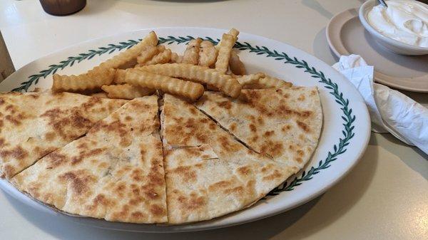 Chicken Quesadilla with Fries.