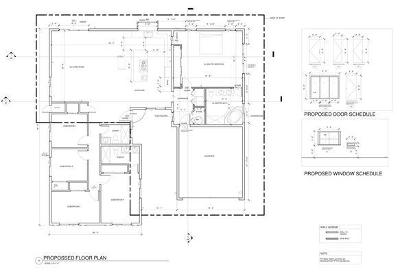 Single Family Home : Proposed Floor plan with Window and Door Schedule