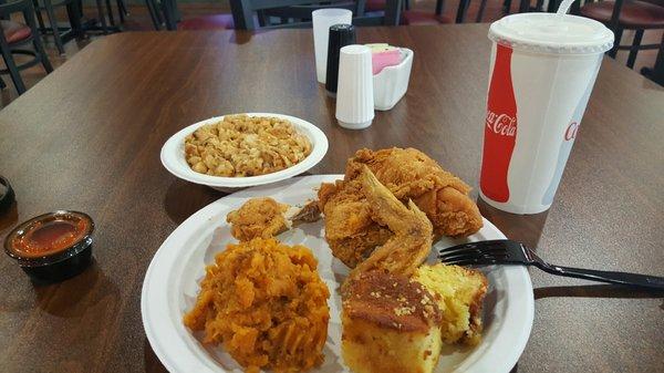 Kingdom Kafe: fried chicken platter. I did not like the Mac n cheese. Everything else was absolutely delicious!