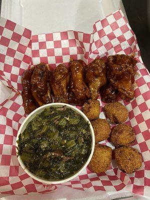 Bbq wings , turnip greens and hushpuppies