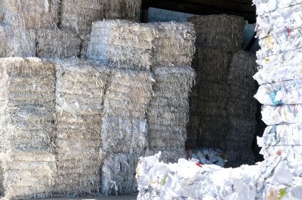 Bales of shredded paper ready to be recycled