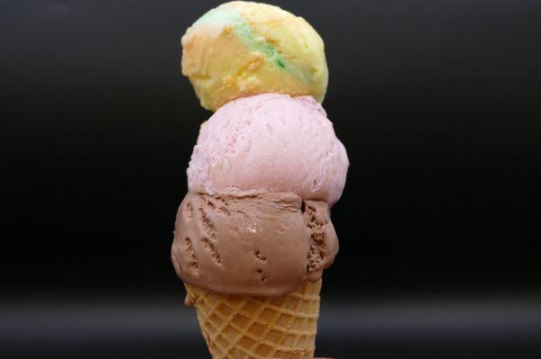 Ice cream:rainbow sherbet, strawberry, and chocolate,