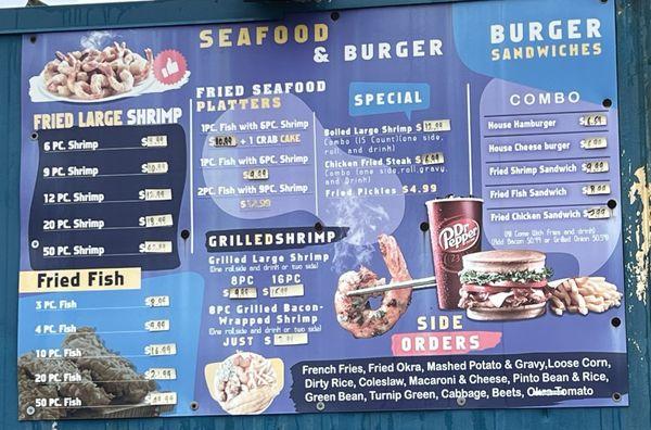 Seafood/Burger Menu - June 2024 Chicken Fried Steak with 2 sides (no drink) is $6.99 (or one side one drink)