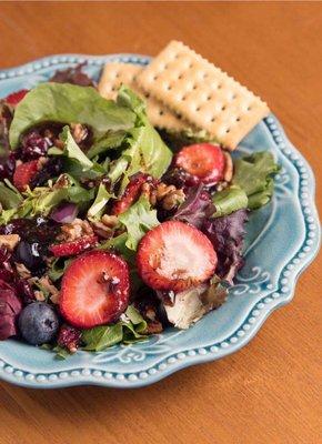 Yummy Very Bery Salad with our homemade strawberry balsamic vinaigrette