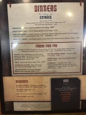 Entrees, Desserts and Kids Menu