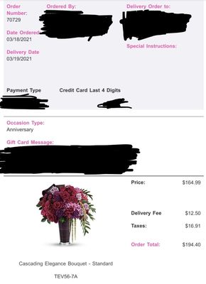 Order confirmation for the bouquet