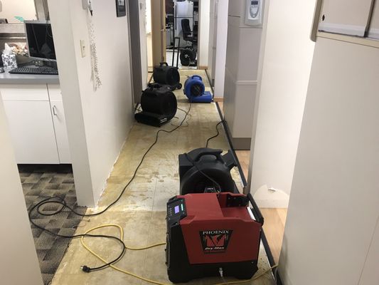 Drying the walls after a pipe leaked at a dental office.