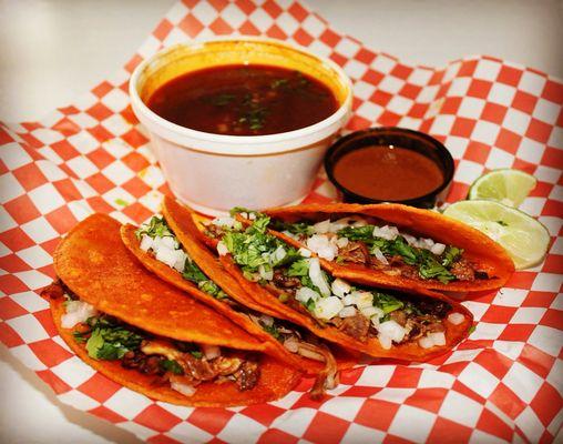 Birria tacos with consome