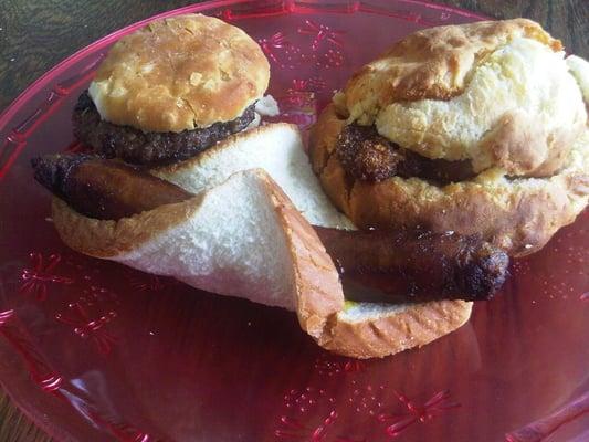 sausage biscuit, wrap around, pork chop biscuit