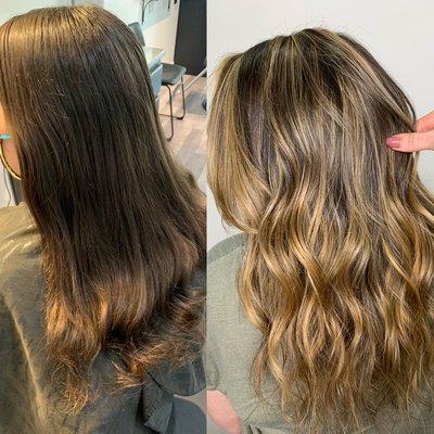 Balayage and haircut and curtain bangs