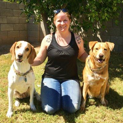 Head trainer Denise, and her 2 dogs, Jersey and Penny!