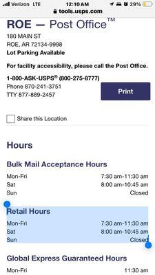 retail hours for Roe post office