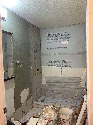 This bathroom was completely remodeled and insured was able to not only fix the damages but to renew his bathroom