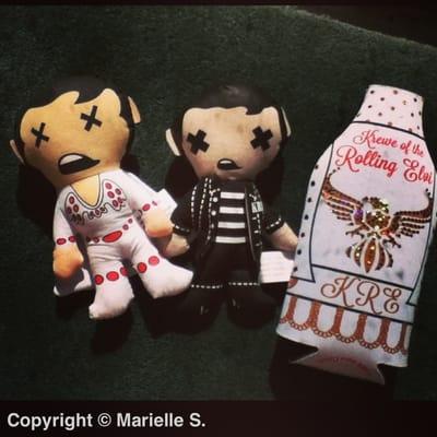 Elvi throws for this year. Elvis voodoo dolls and beer koozy.