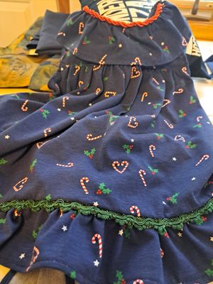 Christmas dress for granddaughter. Soft delicate pattern enhanced with red cording at neck and green trim around the ruffle.