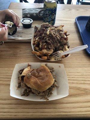 BBQ sandwich and loaded fries