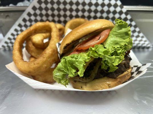 Fancied Up Burger with Beer Battered Onion Rings