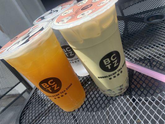 Matcha milk tea and mango tea!