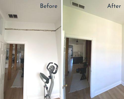 Before and After of a wall we patched and painted to match original color.