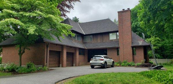 Triple laminated wood Shake look shingle in Newton Center copper gutters