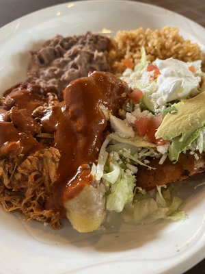 Chicken mole plate with a shrimp empanada