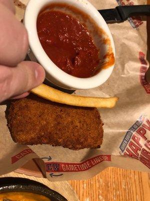 Look  at the size of that cheese [pocket]!!! Thumb, french fry, and knife for size comparison.