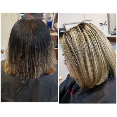 Fresh new look with a women's cut, style, and dye.