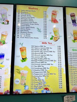 Slushies and Milk Tea Drink Menu