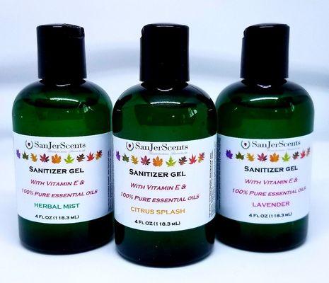 Sanitizer Gel 4 oz. Contains Ethyl Alcohol & Aloe Vera. All ingredients FDA-approved.  We add fragrance, color, and bottle packaging. $7.99.