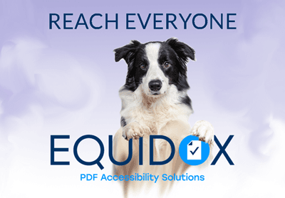 Equidox logo with Black and white dog.  Reach Everyone