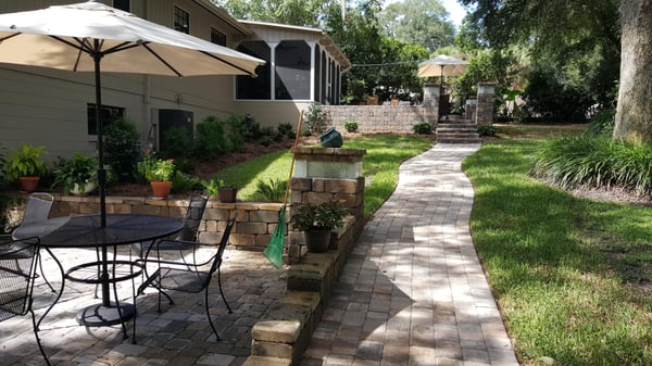 Stone Wall, Columns, Brick Paver Patios With Steps