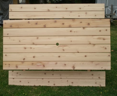 six foot picnic tables. Cedar, built with no nails for a clean surface. Sanded smooth and rounded over edges. Built to last!