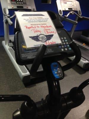 Broken elliptical...that sign has been there for some time now.